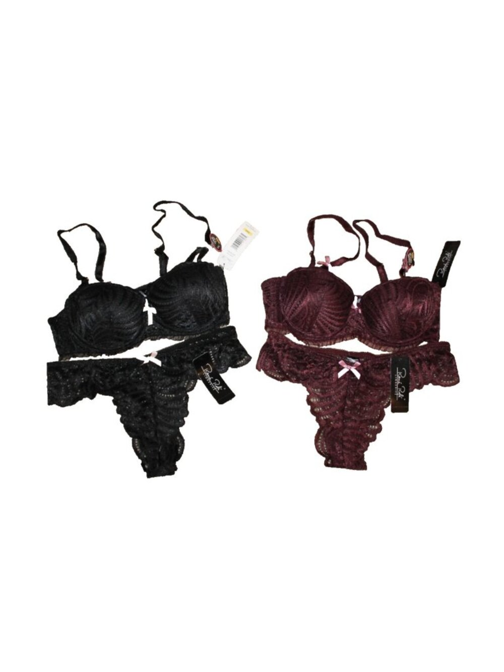 Rene Rofe Extreme Push Up Bra & Panty Women 34A/Small 4PC Set Black Burgundy NWT